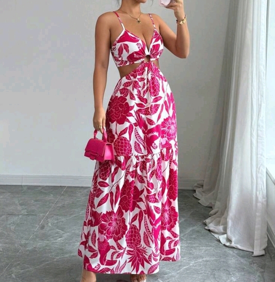 Women's Printed Cinched Waist Midi Dress, Suitable For Holiday, Casual - Picture 1 of 4